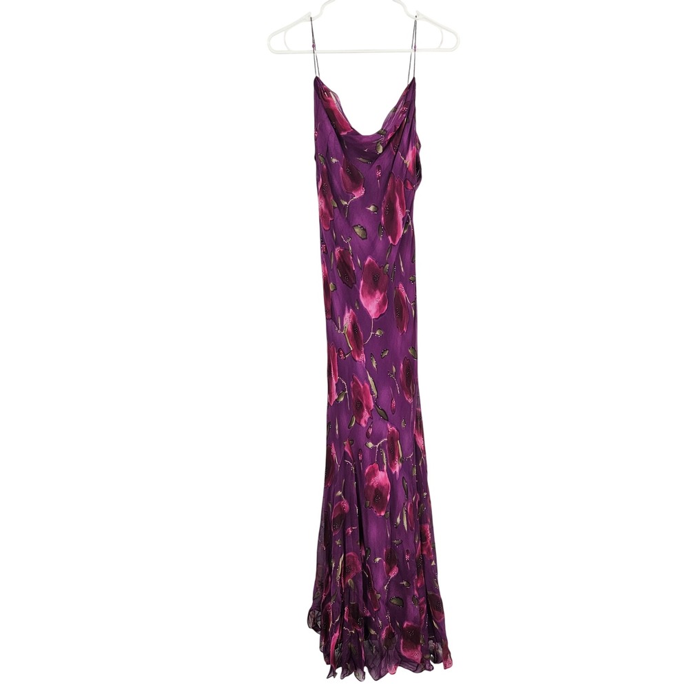 Vintage y2k Gilar Purple Floral Beaded Maxi Ruffle Slinky Fairy Prom Sz 8